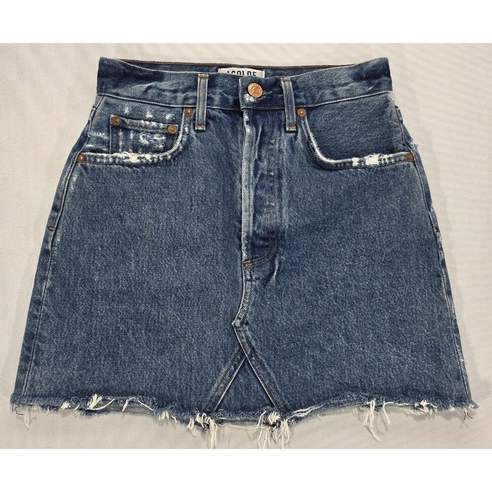 AGOLDE Quinn Hi Rise Denim Skirt 23 Distressed Raw Frayed Mini 90s Grunge Indie